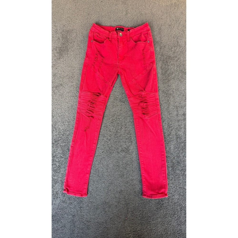 Waimea Mens Skinny Fit Moto Distressed Red Jeans Size 30x32 Ribbed Knee Biker